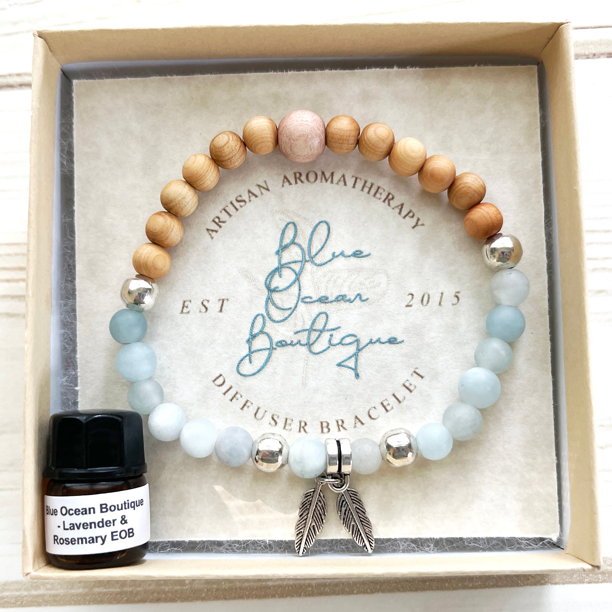 SAND and SKY | Aquamarine+Rosewood | Essential Oil Aromatherapy Diffuser Bracelet - 7" 6mm | Stackable | EO Blend | Gift Box
