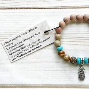 JUNO | Jasper+Turquoise+Rosewood | Essential Oil Aromatherapy Diffuser Bracelet - 7.5" 8mm | Stackable | E.O. Blend | Gift Box