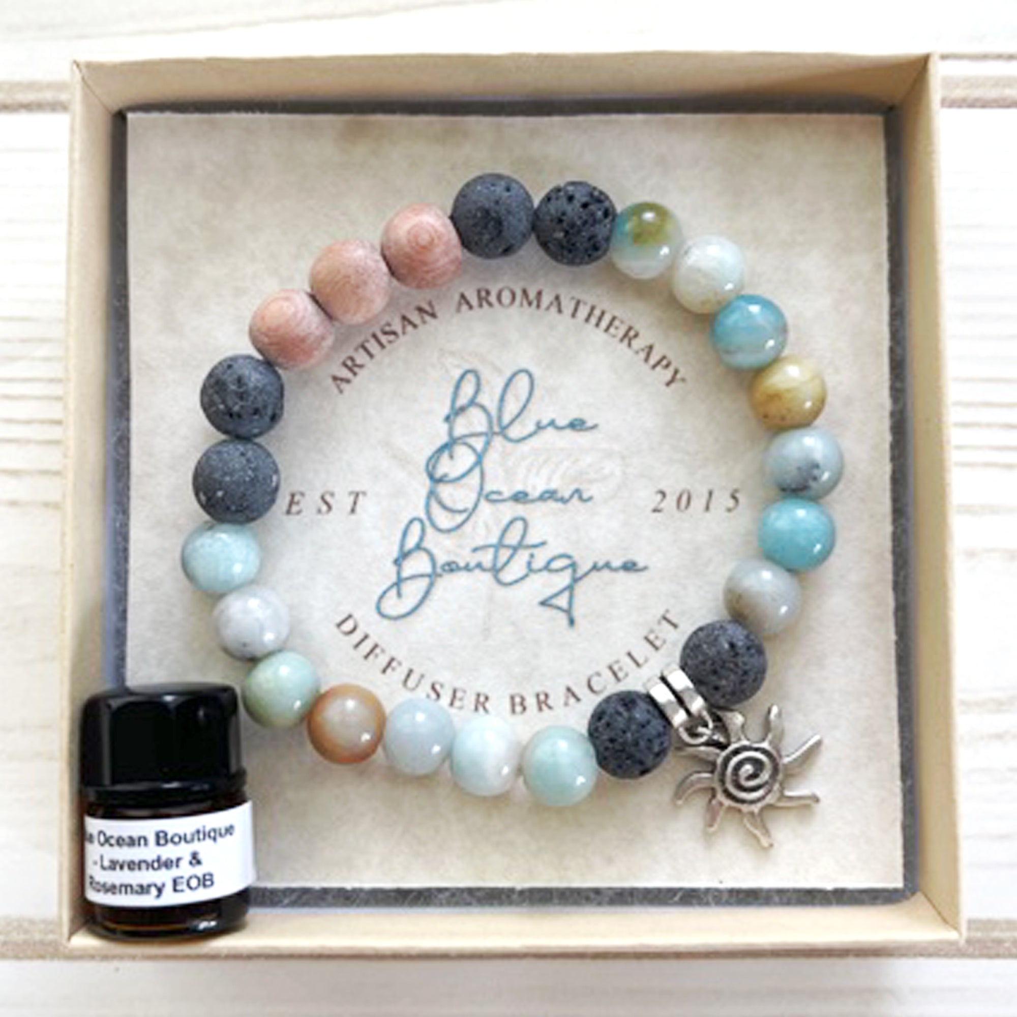SOL | Amazonite+Lava Rock+Rosewood | Essential Oil Aromatherapy Diffuser Bracelet - 7" 8mm | Stackable | E.O. Blend | Gift Box