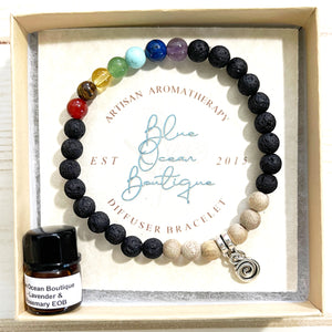 TRANQUILITY | Chakra+Lava Rock+Sandalwood | Essential Oil Aromatherapy Diffuser Bracelet - 7.5" 6mm | Stackable | E.O. Blend | Gift Box